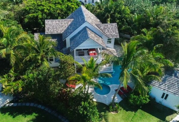 aerial view of a house with a pool