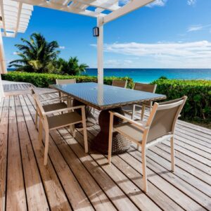 outdoor dining arrangement with sea view